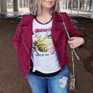 Maroon Faux Suede Moto Jacket